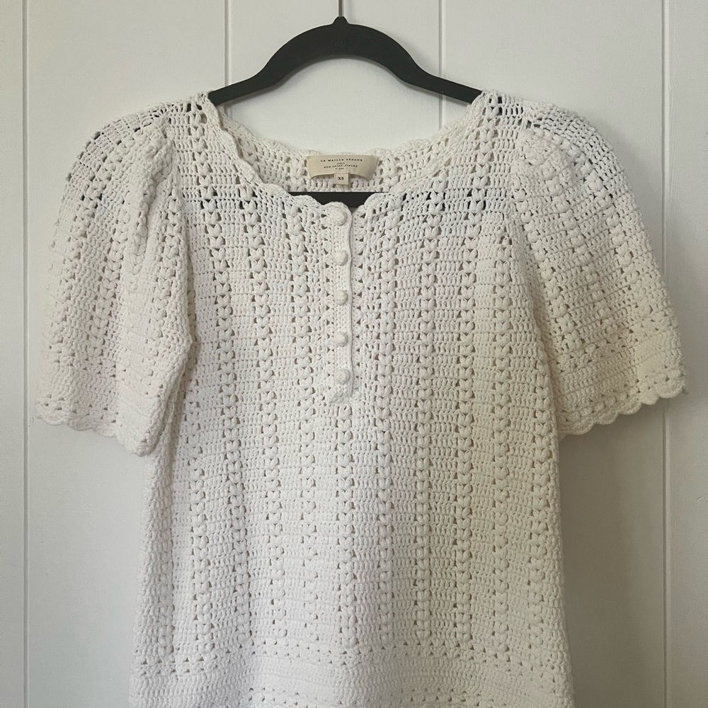 Sezane Cream Crochet Button-Front Puff Sleeve Top
